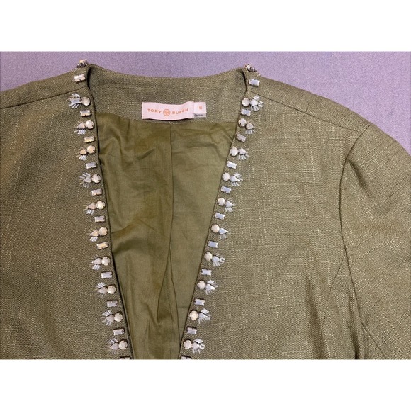 Tory Burch Avery Hills Green Linen Blend Embellished Rhinestone Jacket 10 - Picture 1 of 8